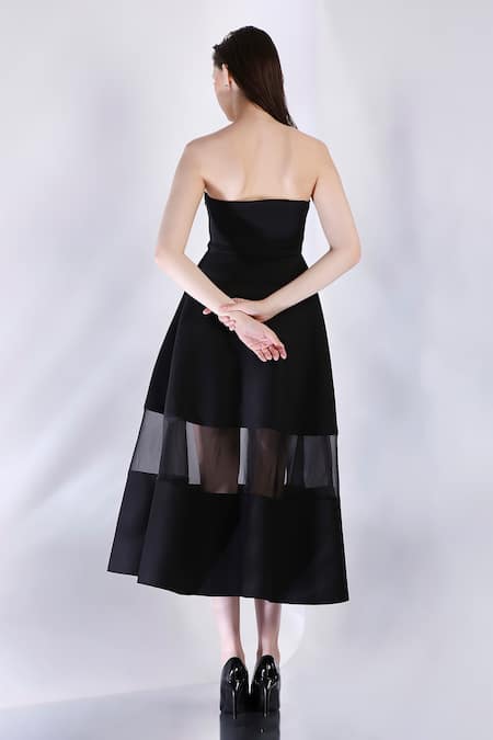 Shop_Ozeqo_Black Neoprene Off-shoulder Off Midi Dress _at_Aza_Fashions