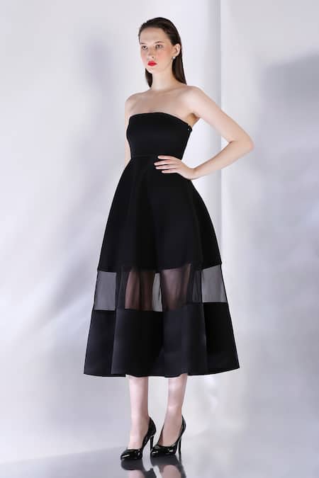 Ozeqo_Black Neoprene Off-shoulder Off Midi Dress _Online_at_Aza_Fashions