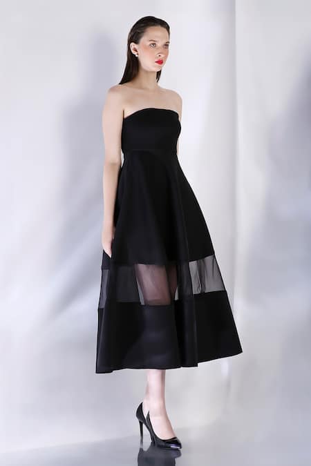 Buy_Ozeqo_Black Neoprene Off-shoulder Off Midi Dress _Online_at_Aza_Fashions