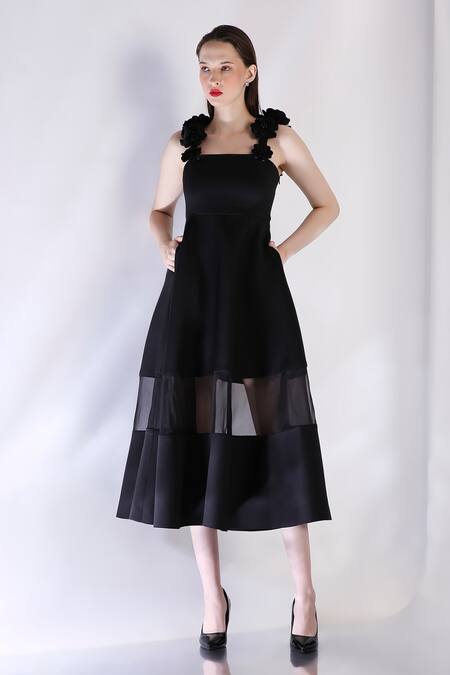 Ozeqo_Black Neoprene Applique Square Neck 3d Floral Midi Dress _Online_at_Aza_Fashions