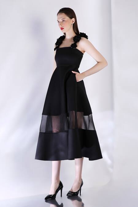 Buy_Ozeqo_Black Neoprene Applique Square Neck 3d Floral Midi Dress _Online_at_Aza_Fashions