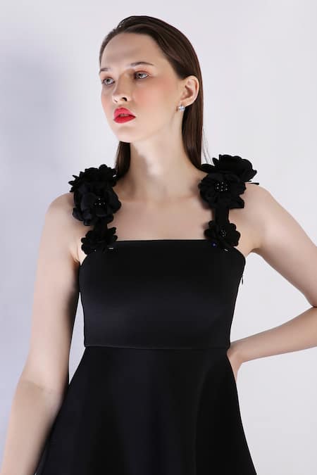 Shop_Ozeqo_Black Neoprene Applique Square Neck 3d Floral Midi Dress _Online_at_Aza_Fashions