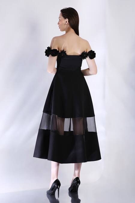 Ozeqo_Black Neoprene Applique Square Neck 3d Floral Midi Dress _at_Aza_Fashions