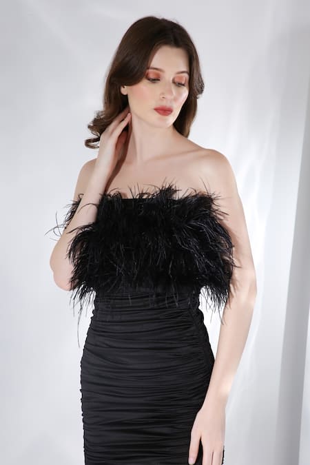 Buy_Ozeqo_Black Lycra Feathers Off-shoulder Ruched Dress With Wrap _Online_at_Aza_Fashions