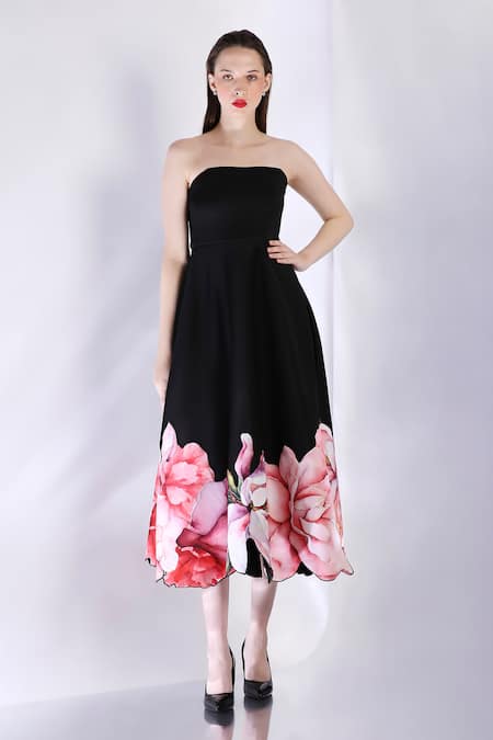 Ozeqo_Black Neoprene Off-shoulder Floral Print Midi Dress With Bow Wrap _Online_at_Aza_Fashions