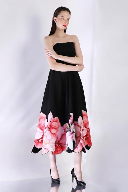 Shop_Ozeqo_Black Neoprene Off-shoulder Floral Print Midi Dress With Bow Wrap _Online_at_Aza_Fashions