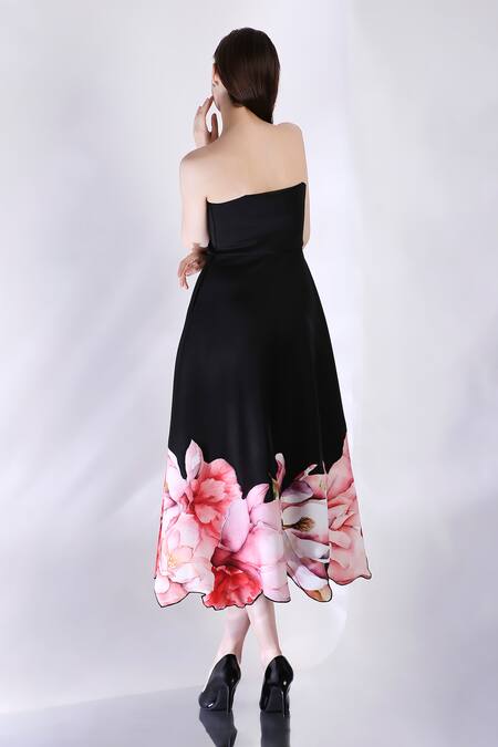 Shop_Ozeqo_Black Neoprene Off-shoulder Floral Print Off Midi Dress _at_Aza_Fashions