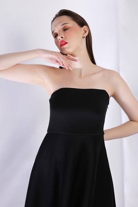 Shop_Ozeqo_Black Neoprene Fabric Flowers Floral Print Midi Dress With Scallop Wrap _Online_at_Aza_Fashions