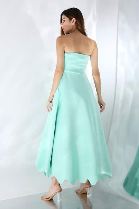 Shop_Ozeqo_Green Neoprene Off-shoulder Mint A-line Flared Tube Dress _at_Aza_Fashions