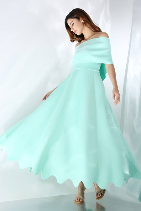 Ozeqo_Green Neoprene Off-shoulder Mint A-line Flared Tube Dress _at_Aza_Fashions