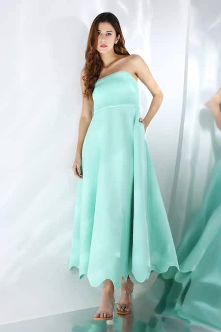 Buy_Ozeqo_Green Neoprene Off-shoulder Mint A-line Flared Dress And Wrap _Online_at_Aza_Fashions