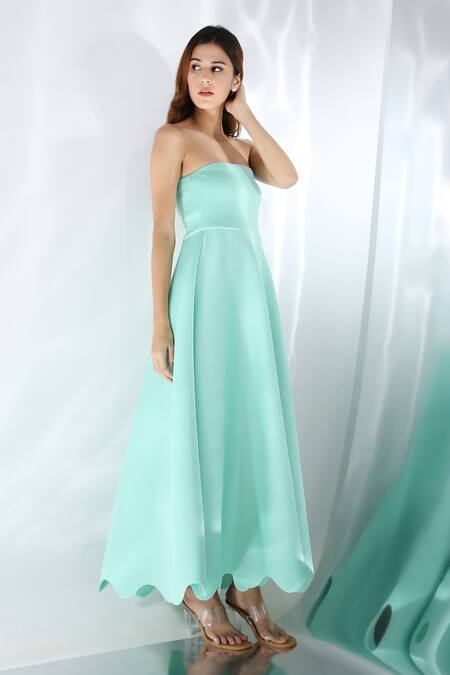 Ozeqo_Green Neoprene Off-shoulder Mint A-line Flared Dress And Wrap _at_Aza_Fashions