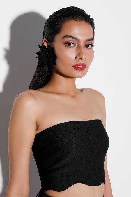 Shop_Ozeqo_Black Neoprene Fabric Flowers Off-shoulder 3d Floral Applique Mini Skirt Set _Online_at_Aza_Fashions