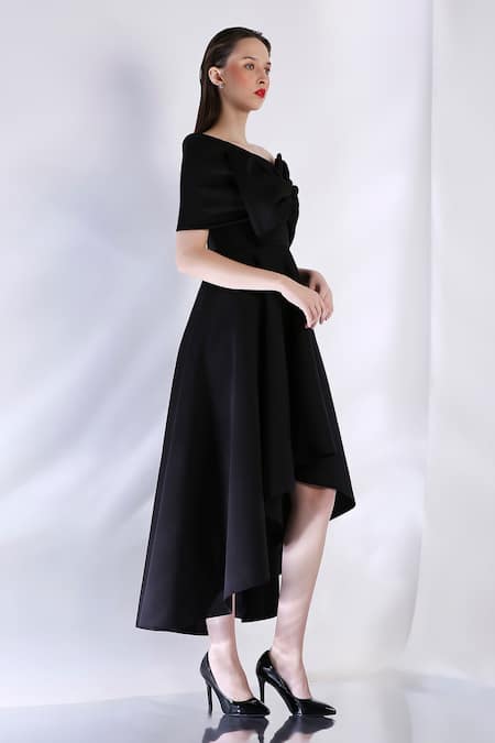 Buy_Ozeqo_Black Neoprene Off-shoulder High Low Dress With Bow Draped Wrap _Online_at_Aza_Fashions
