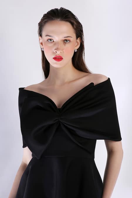Shop_Ozeqo_Black Neoprene Off-shoulder High Low Dress With Bow Draped Wrap _Online_at_Aza_Fashions