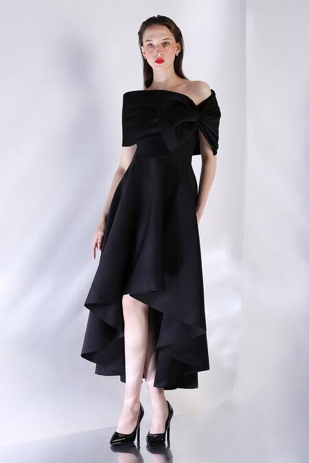 Ozeqo_Black Neoprene Off-shoulder High Low Dress With Bow Draped Wrap _at_Aza_Fashions