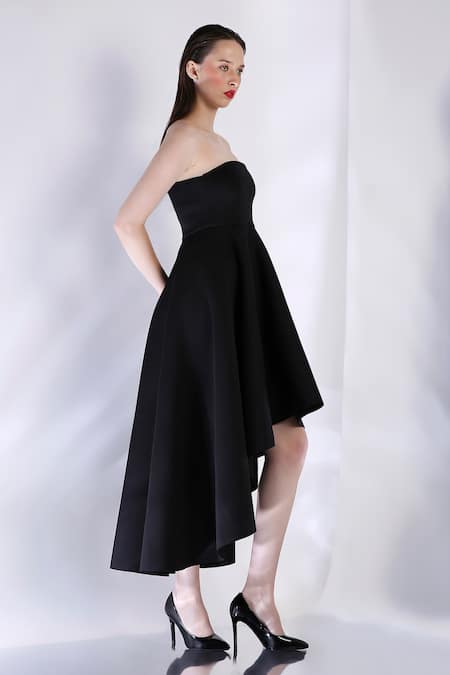 Buy_Ozeqo_Black Neoprene Off-shoulder High Low Hem Tube Dress _Online_at_Aza_Fashions