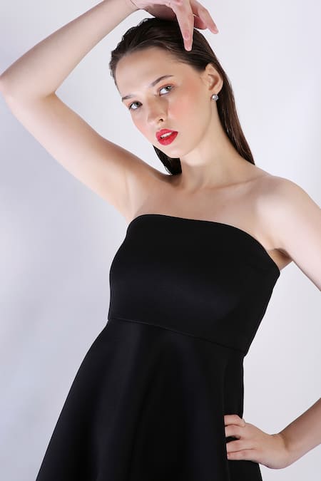 Shop_Ozeqo_Black Neoprene Off-shoulder High Low Hem Tube Dress _Online_at_Aza_Fashions
