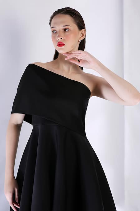Buy_Ozeqo_Black Neoprene Off-shoulder High Low Hem Dress With Off Wrap _Online_at_Aza_Fashions