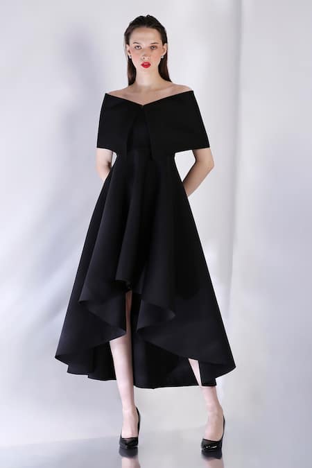 Shop_Ozeqo_Black Neoprene Off-shoulder High Low Hem Dress With Off Wrap _Online_at_Aza_Fashions