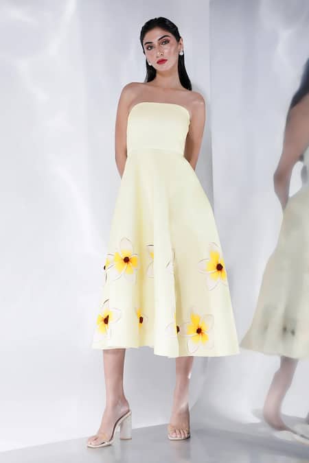 Buy_Ozeqo_Yellow Neoprene Embroidery Off-shoulder Floral Print Off Dress And Wrap _Online_at_Aza_Fashions