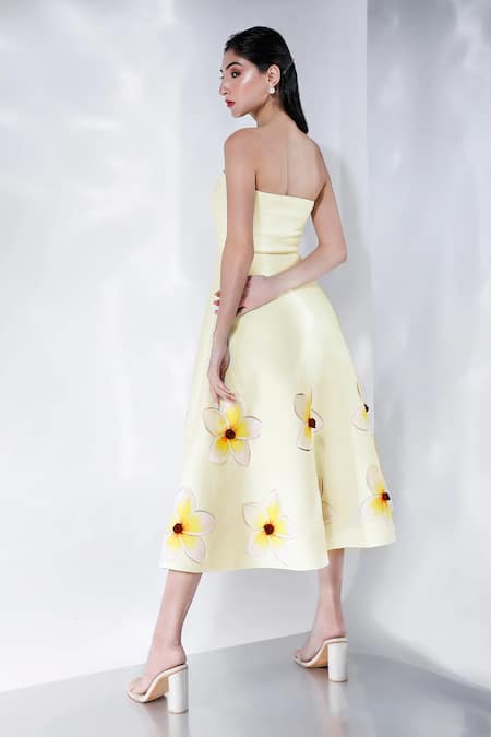 Shop_Ozeqo_Yellow Neoprene Fabric Flowers Off-shoulder Floral Print Off Midi Dress _at_Aza_Fashions