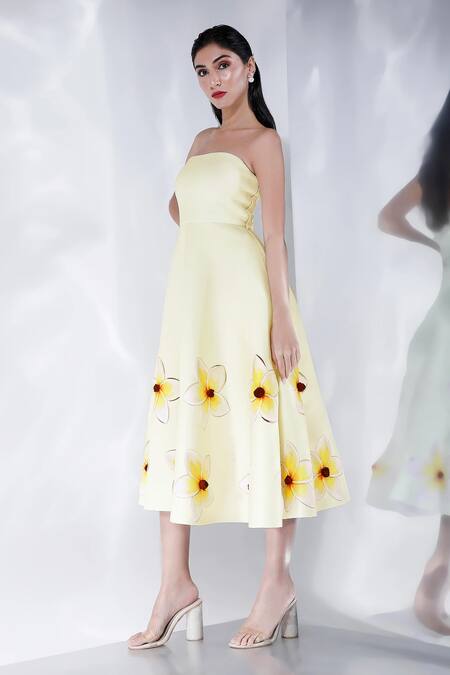 Ozeqo_Yellow Neoprene Fabric Flowers Off-shoulder Floral Print Off Midi Dress _Online_at_Aza_Fashions