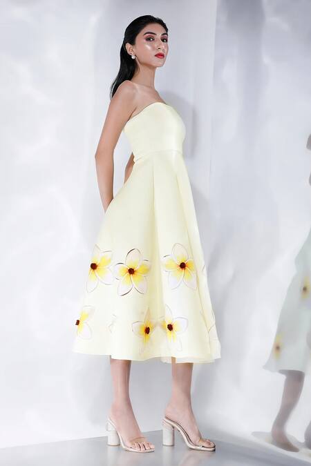 Buy_Ozeqo_Yellow Neoprene Fabric Flowers Off-shoulder Floral Print Off Midi Dress _Online_at_Aza_Fashions