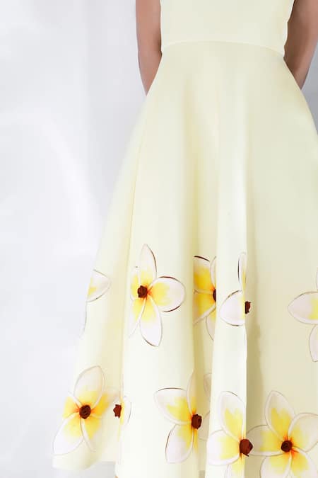 Shop_Ozeqo_Yellow Neoprene Fabric Flowers Off-shoulder Floral Print Off Midi Dress _Online_at_Aza_Fashions