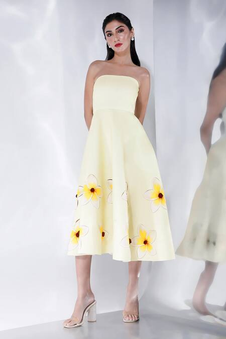 Ozeqo_Yellow Neoprene Fabric Flowers Off-shoulder Floral Print Midi Dress With Wrap _Online_at_Aza_Fashions