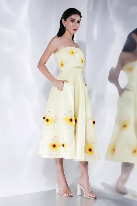 Buy_Ozeqo_Yellow Neoprene Fabric Flowers Off-shoulder Floral Print Midi Dress With Wrap _Online_at_Aza_Fashions