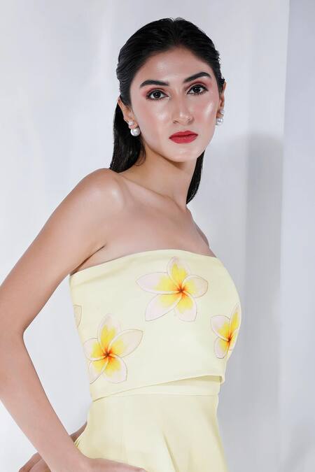 Shop_Ozeqo_Yellow Neoprene Fabric Flowers Off-shoulder Floral Print Midi Dress With Wrap _Online_at_Aza_Fashions