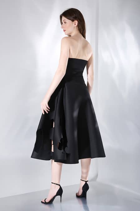 Shop_Ozeqo_Black Neoprene Cut Work Off-shoulder Ace Cutout Embroidered A-line Dress _at_Aza_Fashions