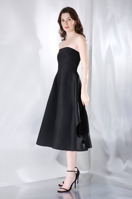 Ozeqo_Black Neoprene Cut Work Off-shoulder Ace Cutout Embroidered A-line Dress _Online_at_Aza_Fashions