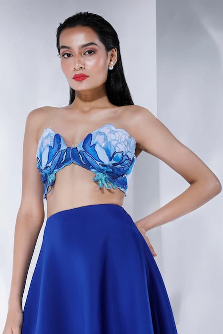 Ozeqo_Blue Neoprene Sequins, Beads Sweetheart Neck Royal Embroidered Bustier And Skirt _Online_at_Aza_Fashions