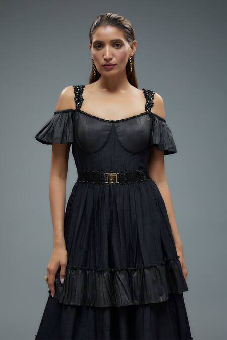 Rocky Star_Black Silk, Polyurethane Sequins, Beads Square Cold Shoulder Tiered Corset Gown _Online_at_Aza_Fashions