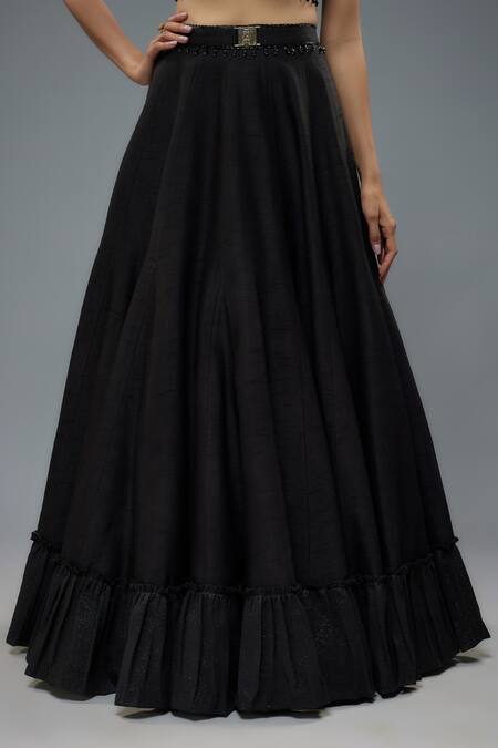 Rocky Star_Black Silk, Polyester, Polyurethane Beads, Ruffles Embellished Hem Lehenga Set _Online_at_Aza_Fashions