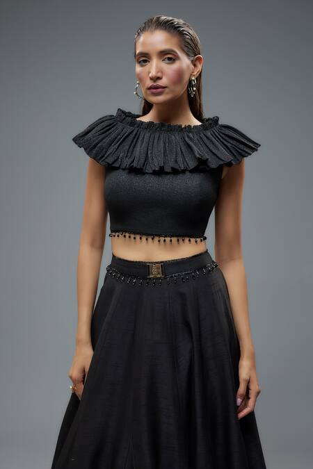 Buy_Rocky Star_Black Silk, Polyester, Polyurethane Beads, Ruffles Embellished Hem Lehenga Set _Online_at_Aza_Fashions