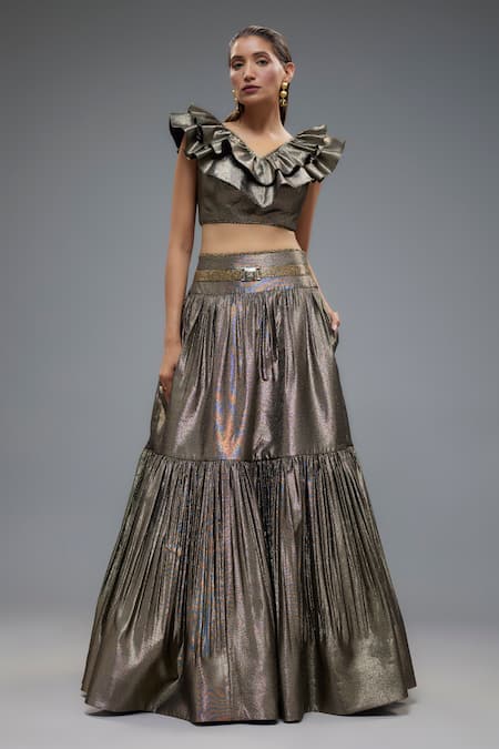 Rocky Star Gray Polyester, Polyurethane Beads V-neck Gold Grey Shimmer Tiered Lehenga Set 