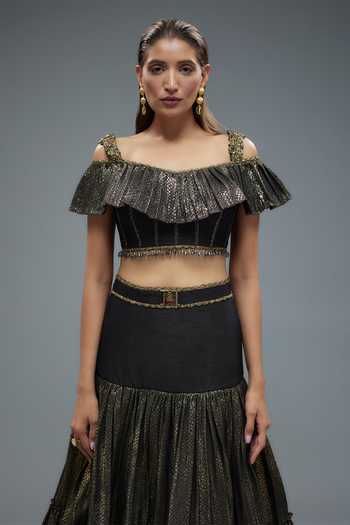 Rocky Star_Black Silk, Polyurethane Beads, Patchwork Gold Embroidered Mermaid Lehenga Set _Online_at_Aza_Fashions