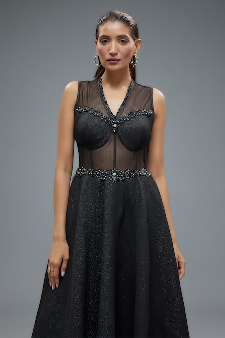 Rocky Star_Black Net, Polyurethane Beads, Patchwork V-neck Beaded Corset Gown _Online_at_Aza_Fashions