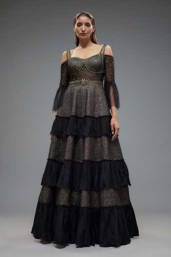 Rocky Star Black Bead Embroidered Corset Gown 