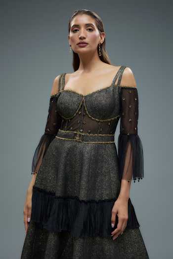Rocky Star_Black Net, Polyurethane Beads, Patchwork Sweetheart Neck Embroidered Corset Gown _Online_at_Aza_Fashions