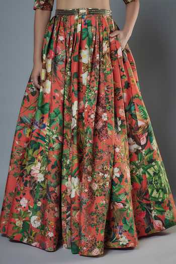Rocky Star_Orange Silk Buckles, Embroidery Botanical Print Lehenga With Ruffle Bustier _Online_at_Aza_Fashions