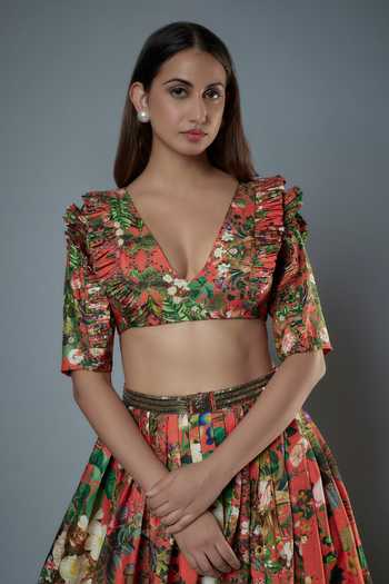 Buy_Rocky Star_Orange Silk Buckles, Embroidery Botanical Print Lehenga With Ruffle Bustier _Online_at_Aza_Fashions
