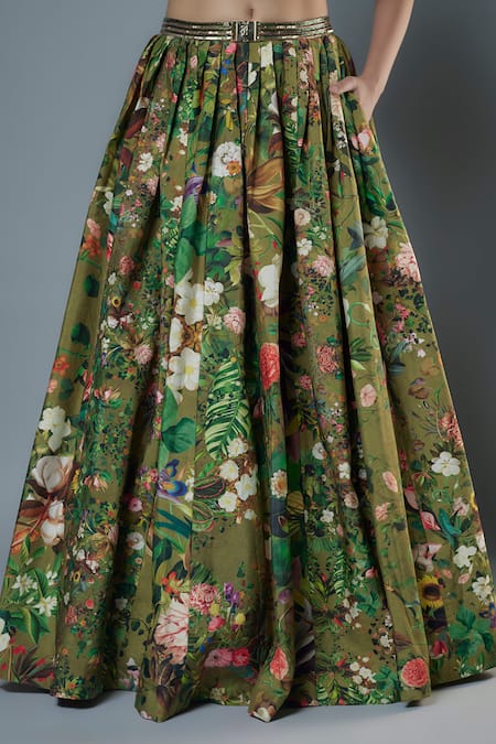 Rocky Star_Green Silk V-neck Botanical Print Lehenga And Ruffle Bustier _Online_at_Aza_Fashions