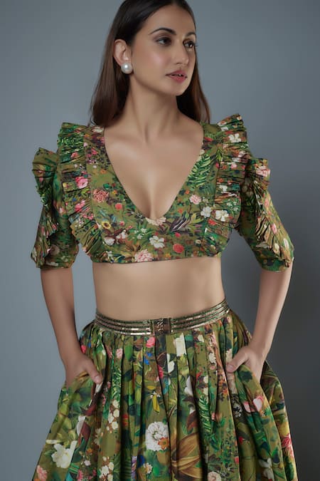 Buy_Rocky Star_Green Silk V-neck Botanical Print Lehenga And Ruffle Bustier _Online_at_Aza_Fashions