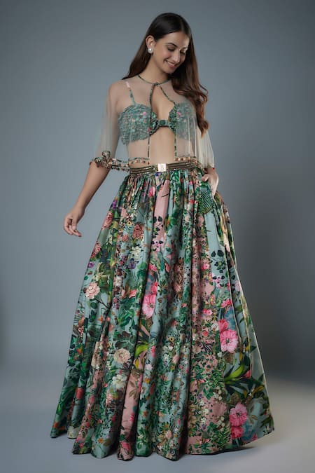 Rocky Star Botanical Print Lehenga Set With Cape 