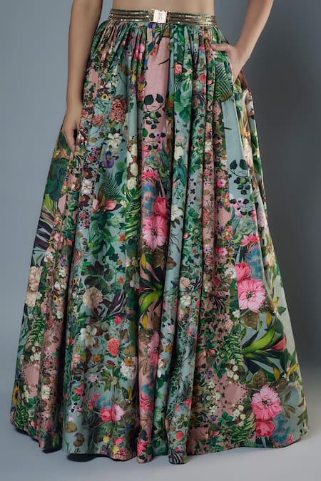 Rocky Star_Multi Color Silk Beads Sweetheart Neck Botanical Print Lehenga Set With Cape _Online_at_Aza_Fashions