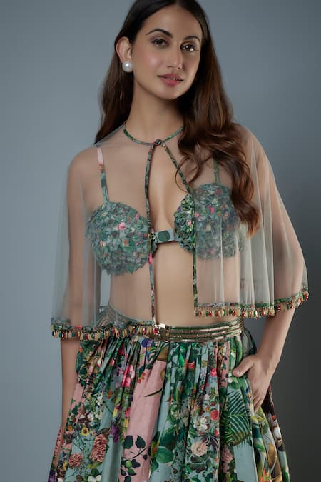 Buy_Rocky Star_Multi Color Silk Beads Sweetheart Neck Botanical Print Lehenga Set With Cape _Online_at_Aza_Fashions